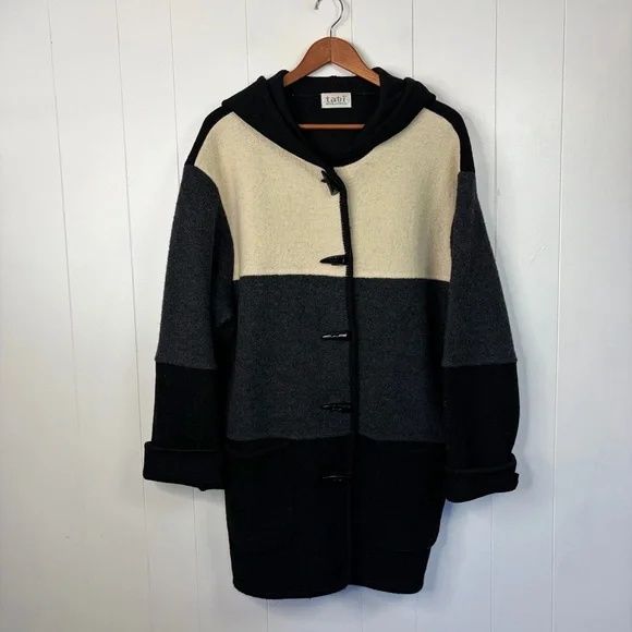 Vintage Wool Hooded Midi Jacket Coat Black Gray Cream Size Medium Winter 1990s - Picture 3 of 11